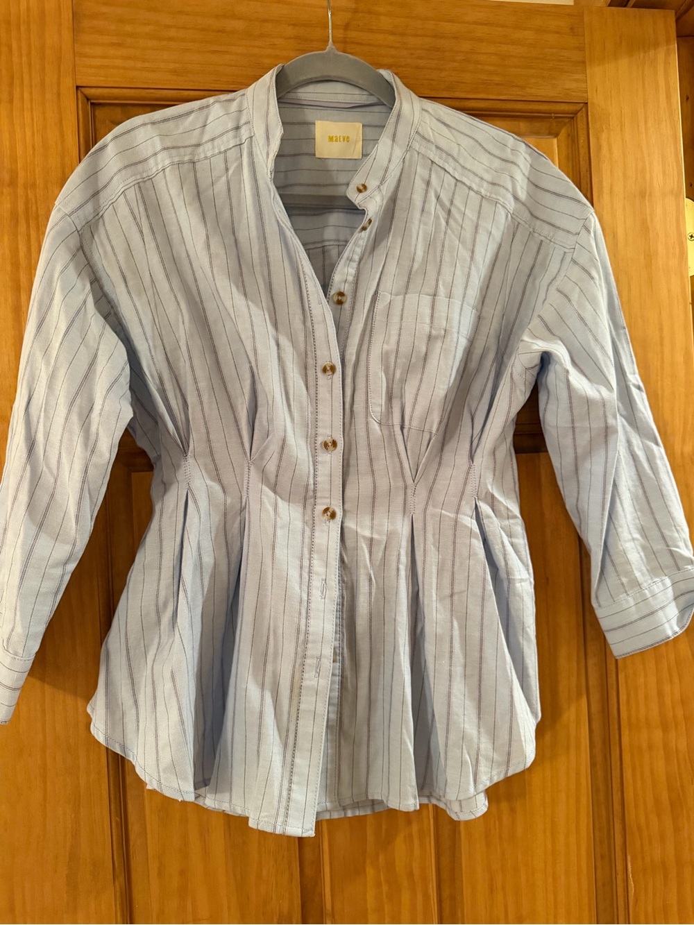 Maeve Light Blue Pinstripe Button-Front Peplum Blouse